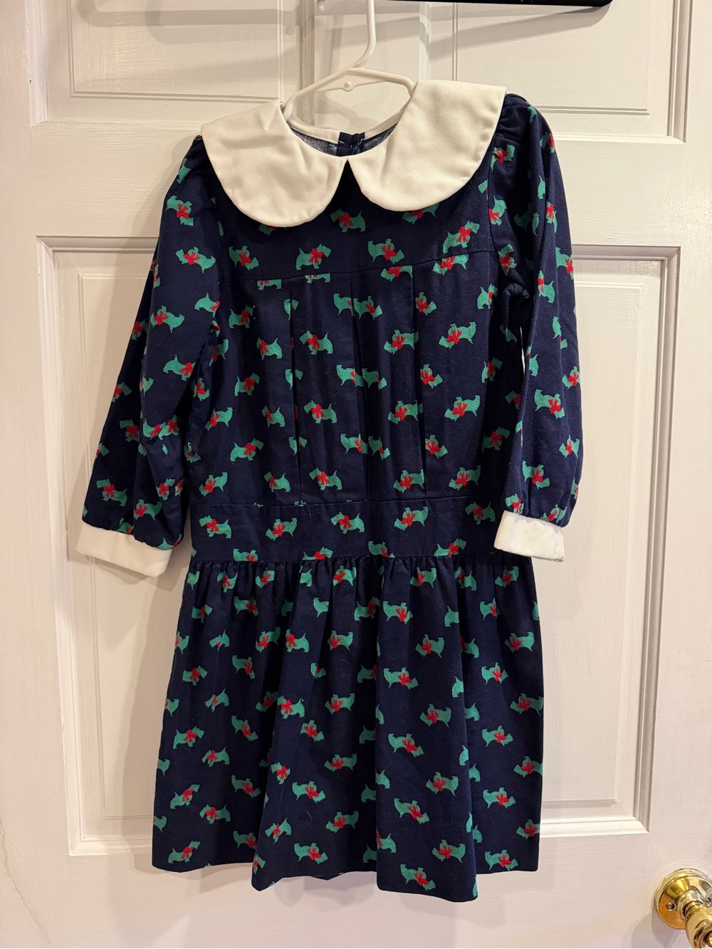 Vintage 90s Girls Navy Holly-Print Dress with White Peter Pan Collar